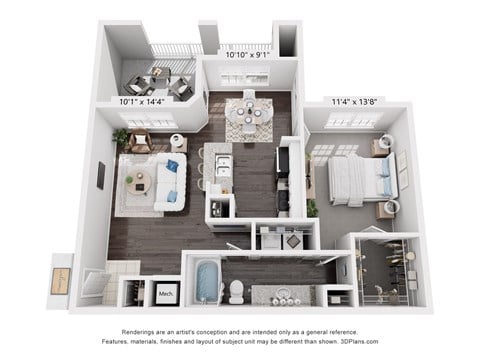 Floor plan for 1 bed, 1 bath, 932 sqft